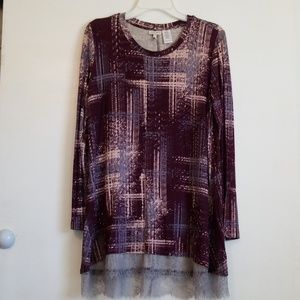 LOGO Lori Goldstein Purple Print Lace Blouse.Large